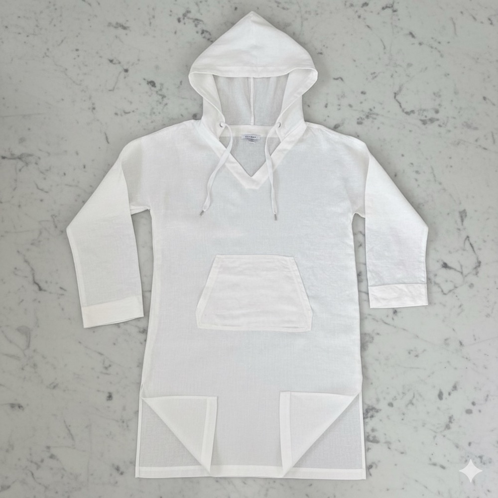 Pure Navy Oversized LINEN White Hooded Tunic Pocket Slit Dress Cover-up Size S